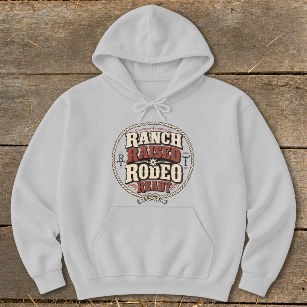 Light grey hoodie with "Ranch Raised Rodeo Ready" text graphic in a circular design.