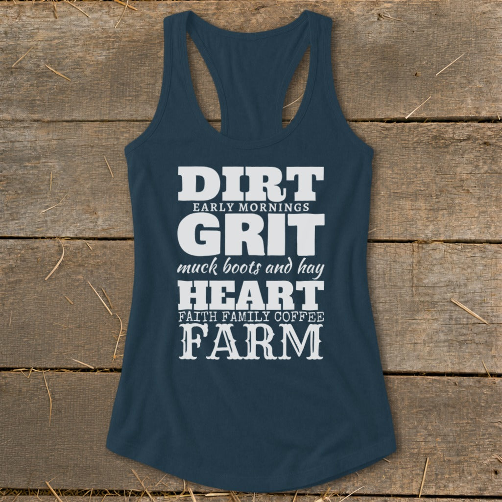 Navy tank top with "Dirt, Grit, Heart, Farm" text and farm-related phrases.