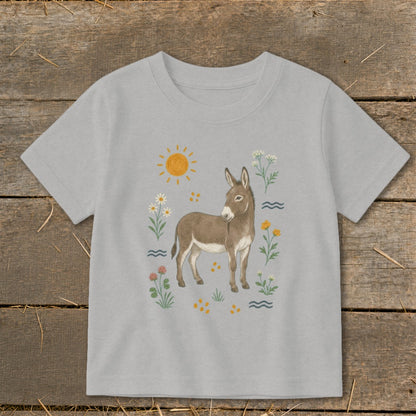 Gray t-shirt with illustration of a donkey surrounded by flowers and a sun.