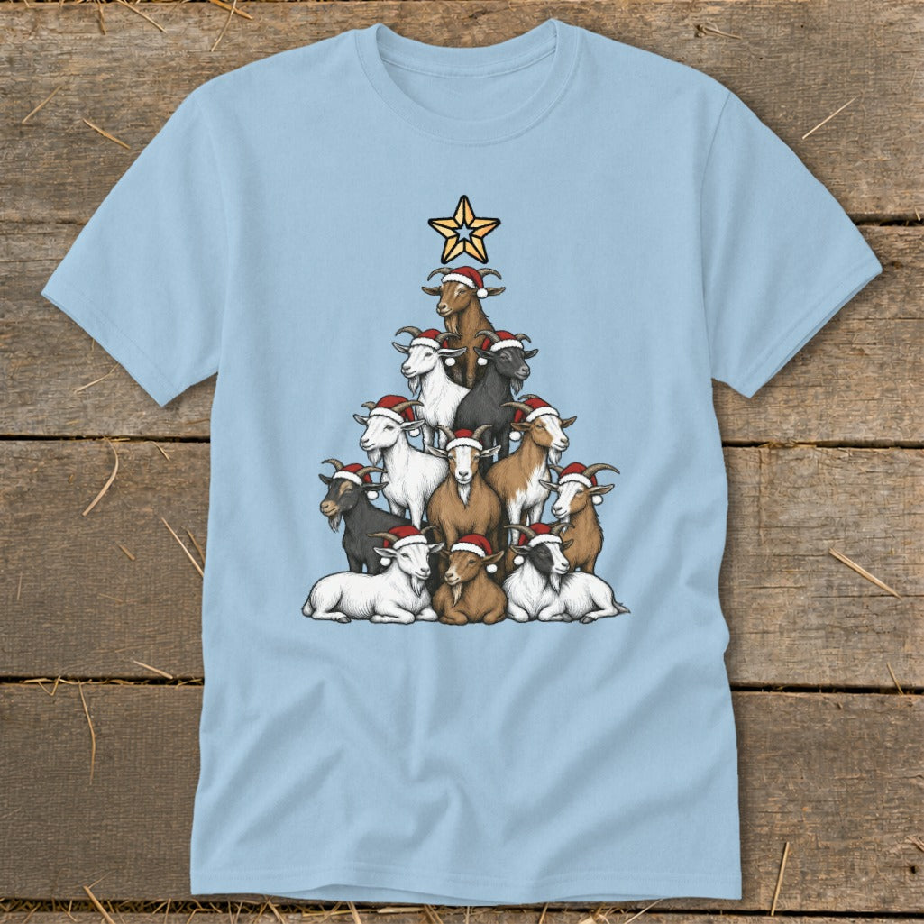 Light blue t-shirt with a Christmas tree made of goats wearing Santa hats.