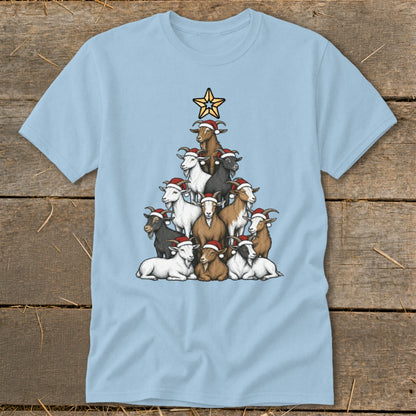 Light blue t-shirt with a Christmas tree made of goats wearing Santa hats.