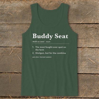 Green tank top with white text defining "Buddy Seat."