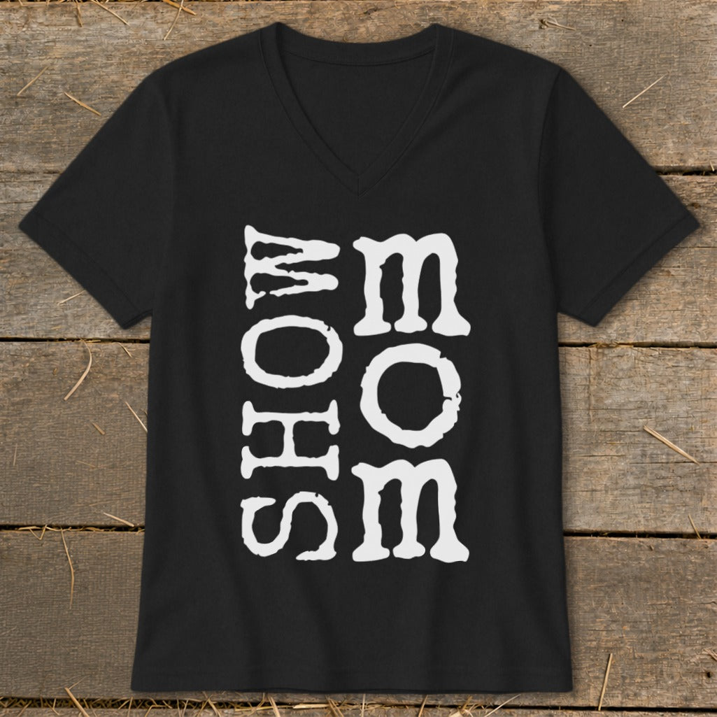 Black v-neck t-shirt with white "SHOW MOM" text vertically stacked