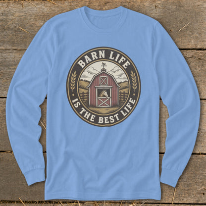 Barn Life Is The Best Life circular graphic with red barn and horse on blue shirt.