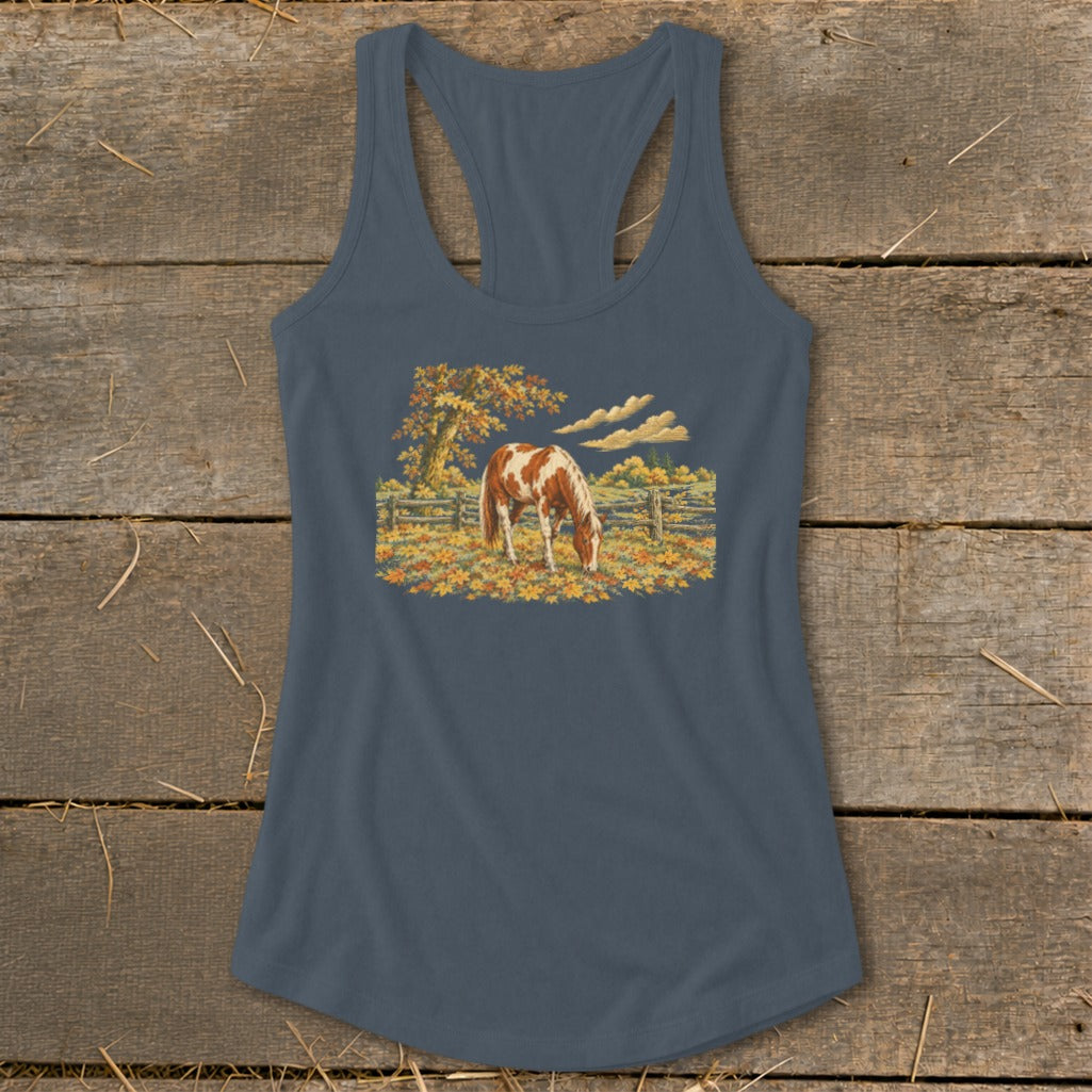 Horse grazing in a field of autumn leaves under a tree.