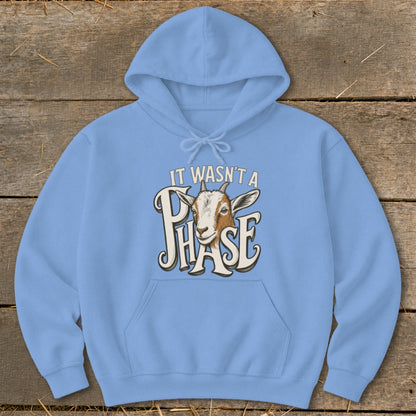 Light blue hoodie with a goat and text that reads "IT WASN'T A PHASE."