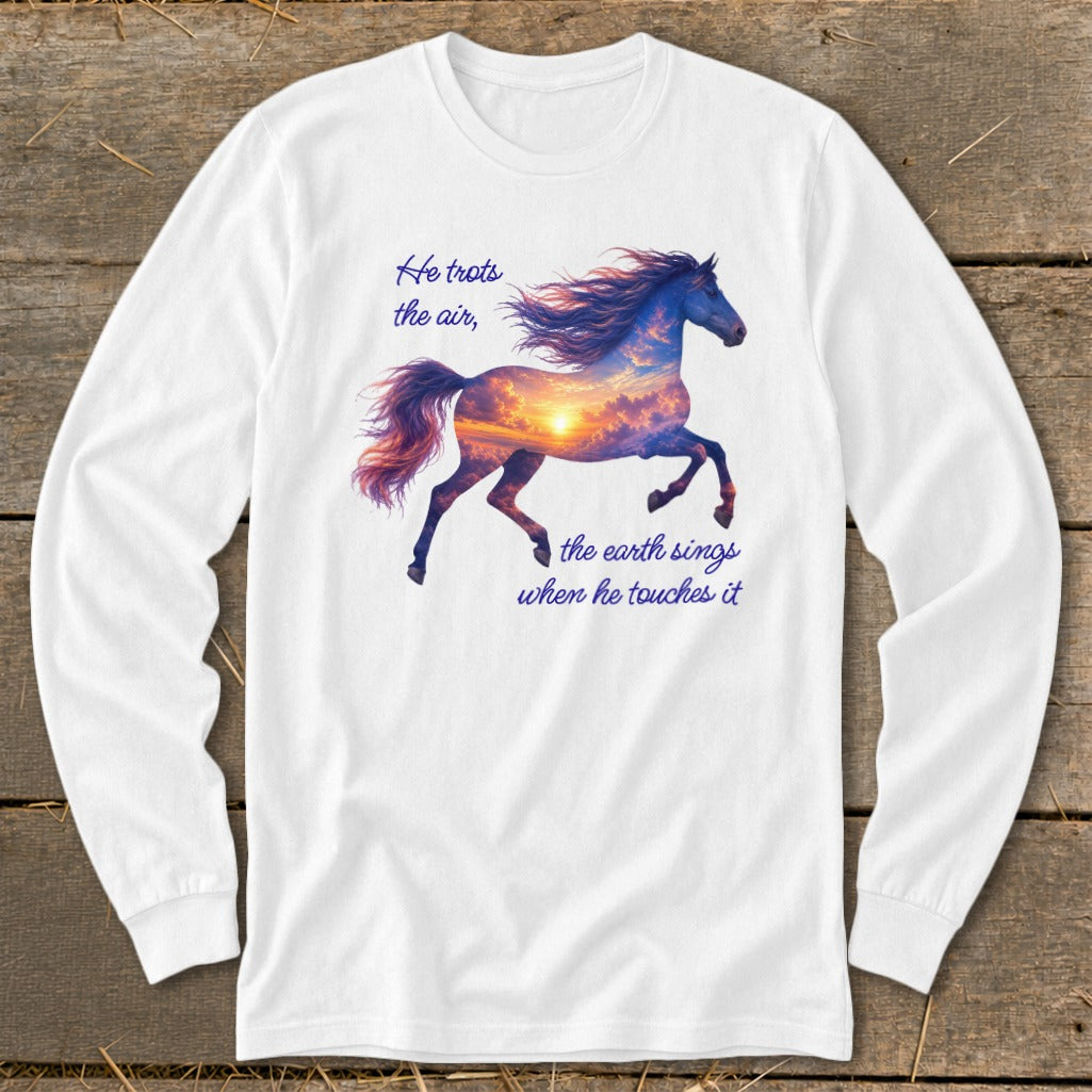 A white long-sleeved t-shirt featuring a graphic of a galloping horse filled with a sunset sky and text.