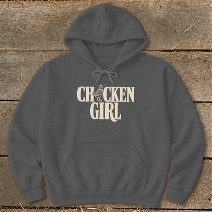 Dark gray hoodie with "Chicken Girl" text and a small chicken illustration.