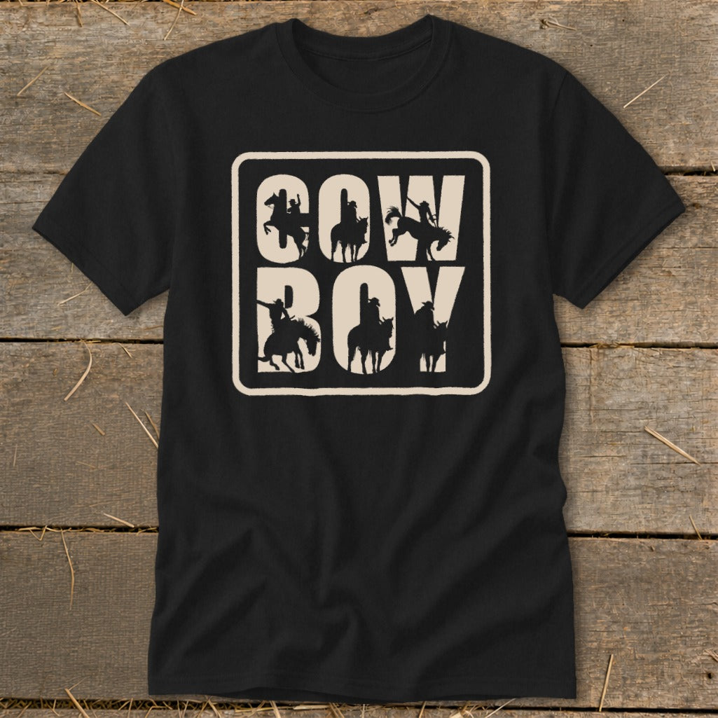 Black t-shirt with "COW BOY" text and cowboy silhouette graphics.