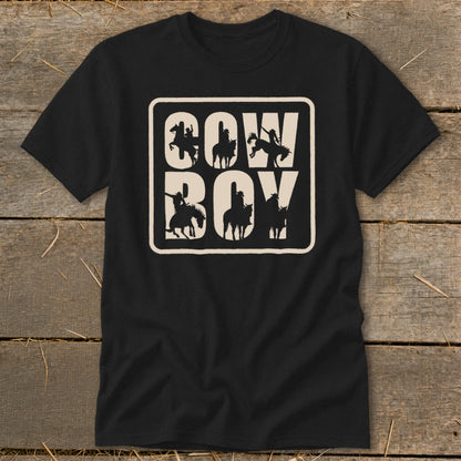 Black t-shirt with "COW BOY" text and cowboy silhouette graphics.