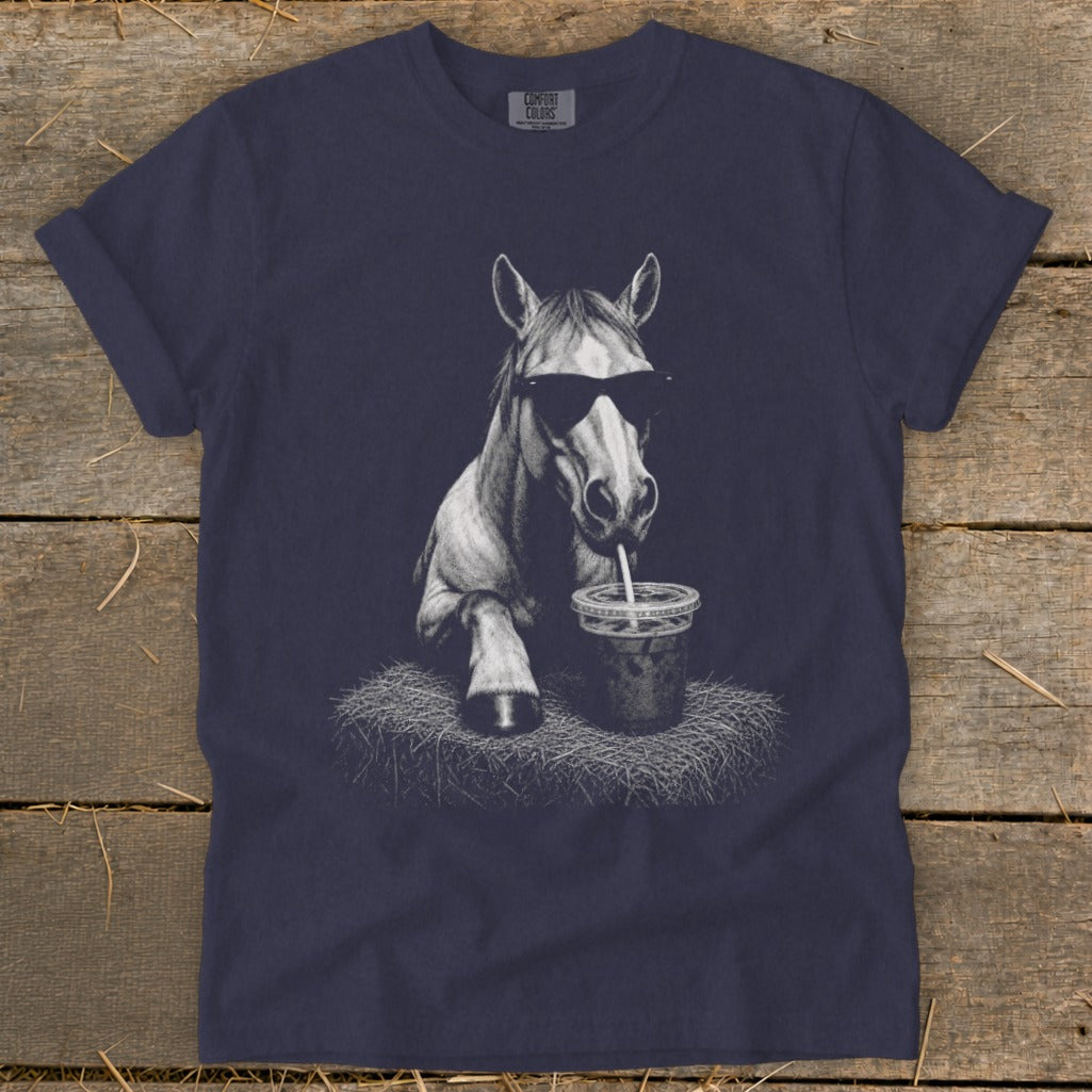 Navy t-shirt with a drawing of a horse wearing sunglasses drinking from a cup.