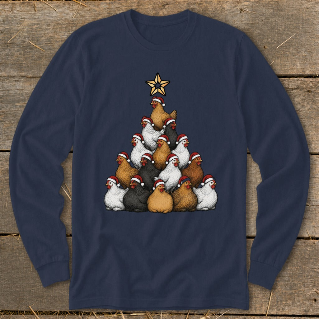 Christmas tree made of chickens wearing Santa hats, topped with a star.