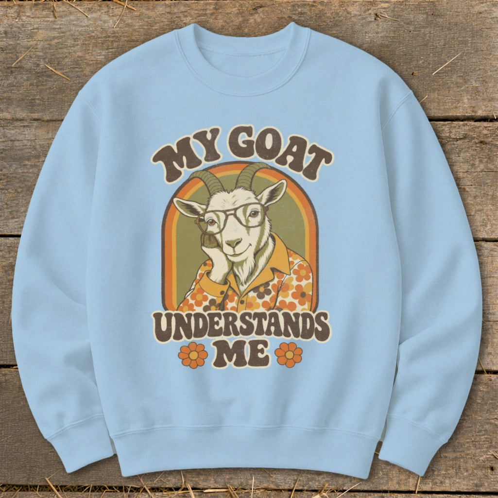 Light blue sweatshirt with retro "My Goat Understands Me" graphic featuring a goat.
