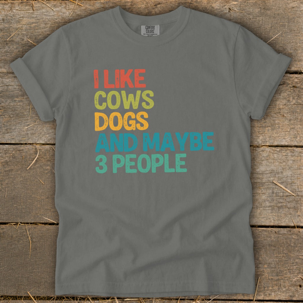 Gray t-shirt with text "I LIKE COWS DOGS AND MAYBE 3 PEOPLE".