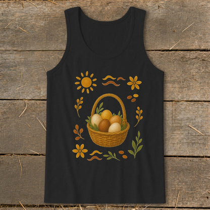 Black tank top with Easter basket of eggs, sun, and floral accents.