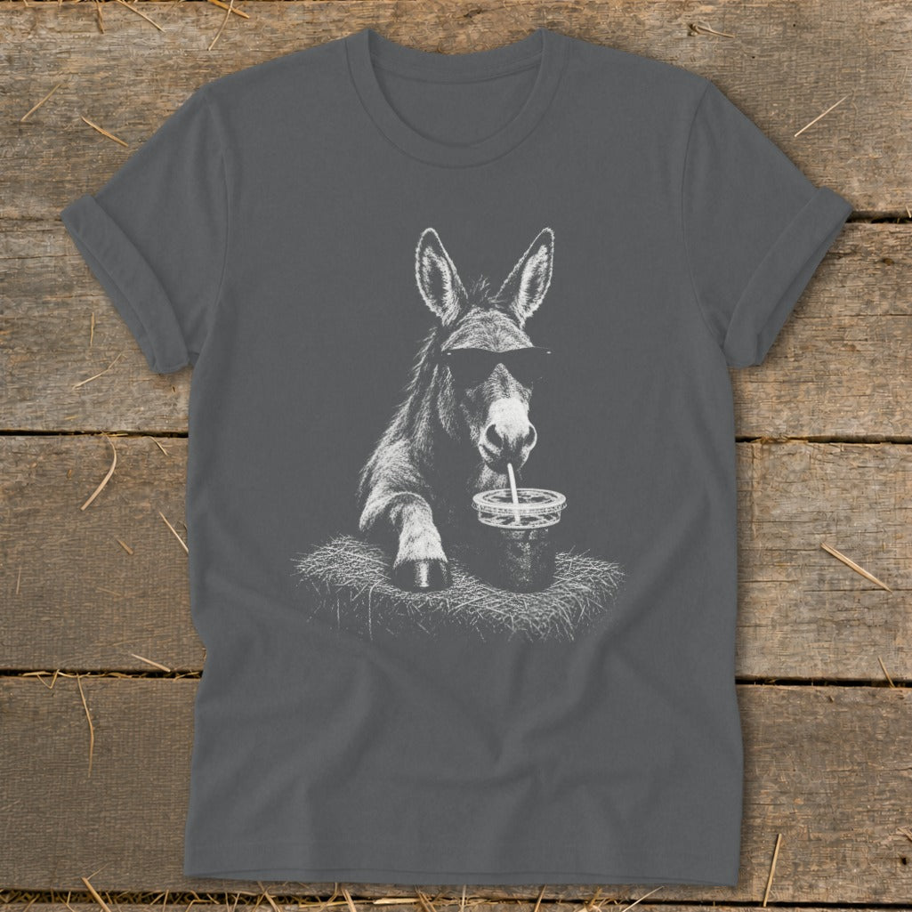 Donkey wearing sunglasses drinks from a cup on a t-shirt.