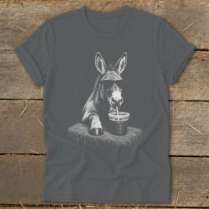 Donkey wearing sunglasses drinks from a cup on a t-shirt.