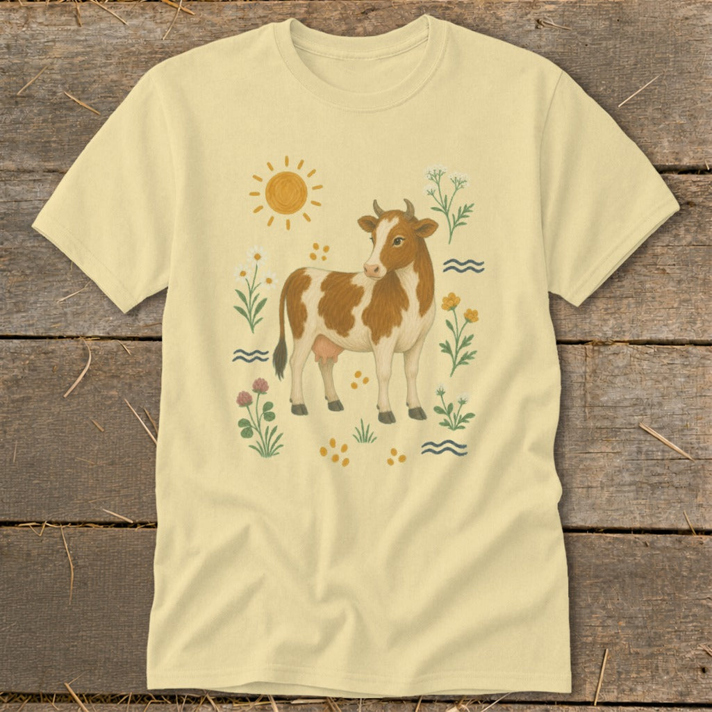 Light yellow t-shirt with a brown and white cow illustration surrounded by flowers and sun.