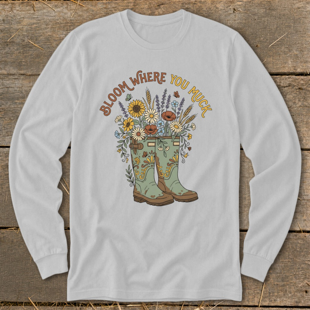 Floral boots with "Bloom Where You Muck" text and butterflies.