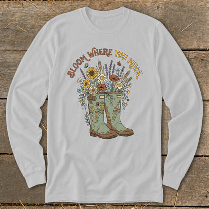 Floral boots with "Bloom Where You Muck" text and butterflies.