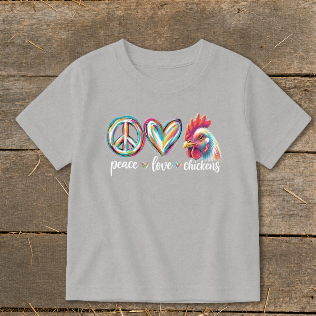 Gray t-shirt with peace, heart, and chicken graphic and "peace love chickens" text.