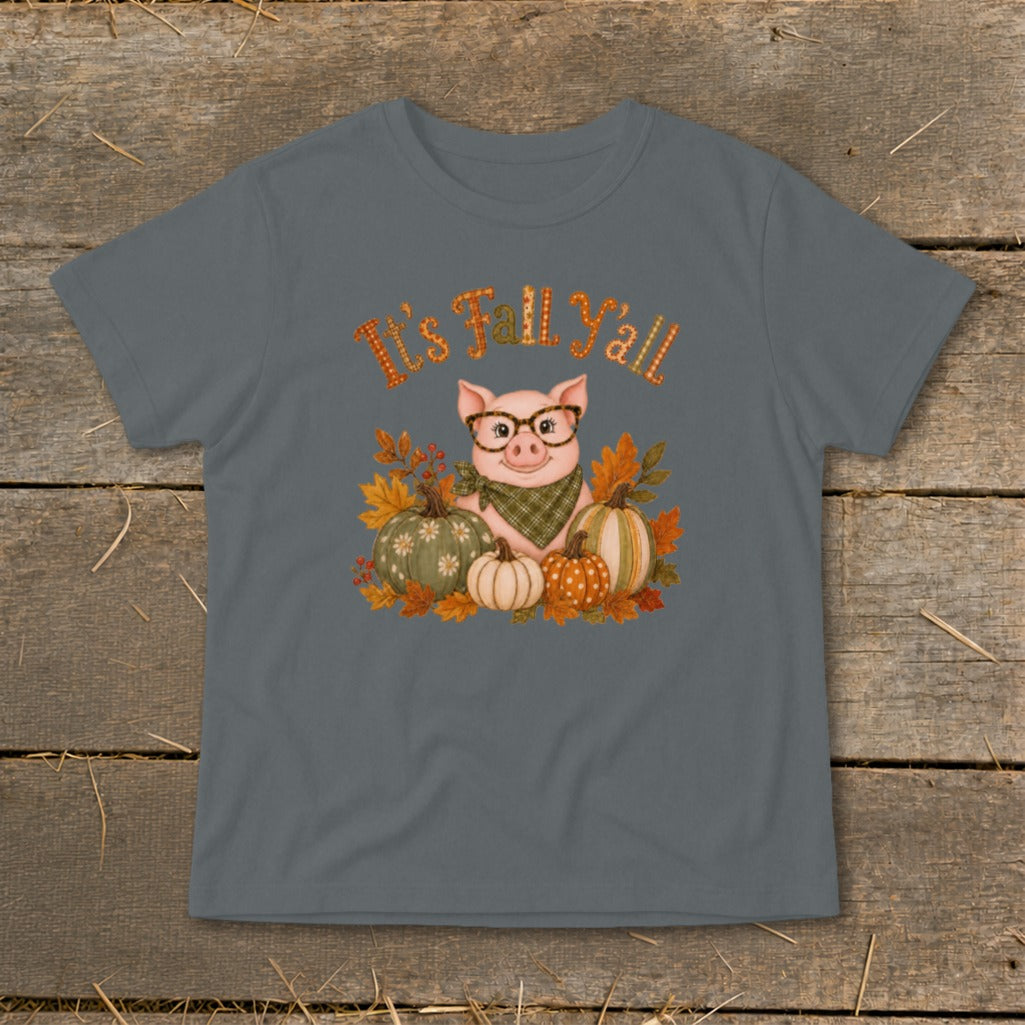Pig with glasses and bandana surrounded by pumpkins and fall leaves with "It's Fall Y'all" text.