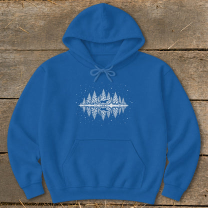 Blue hoodie with white reflected forest and reindeer graphic.