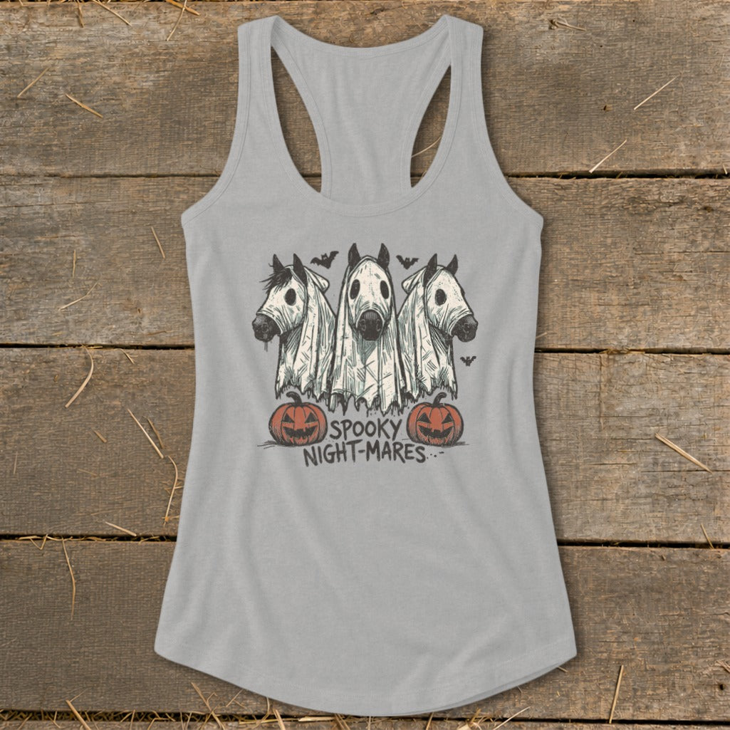 Three horses in ghost costumes with bats and pumpkins, "SPOOKY NIGHT-MARES" text.