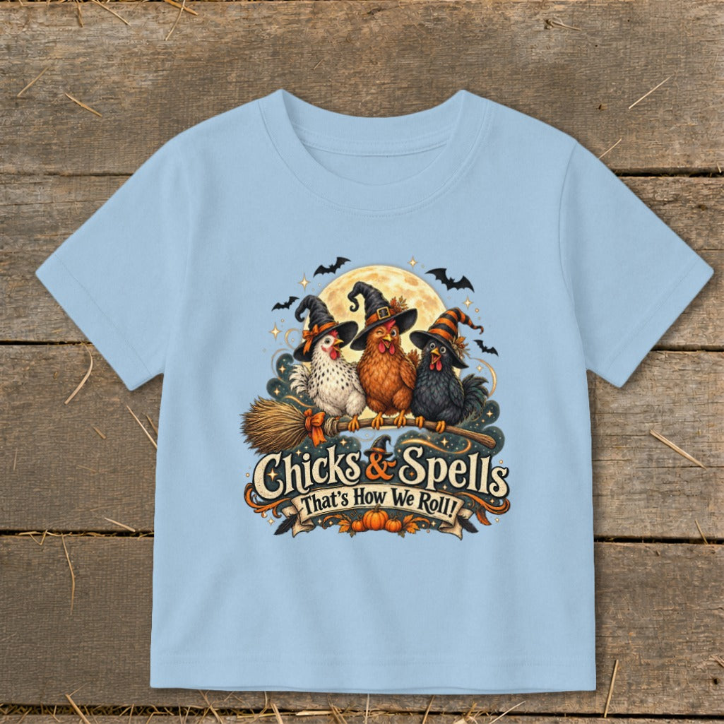Three chickens in witch hats on a broom with "Chicks & Spells That's How We Roll!" text.