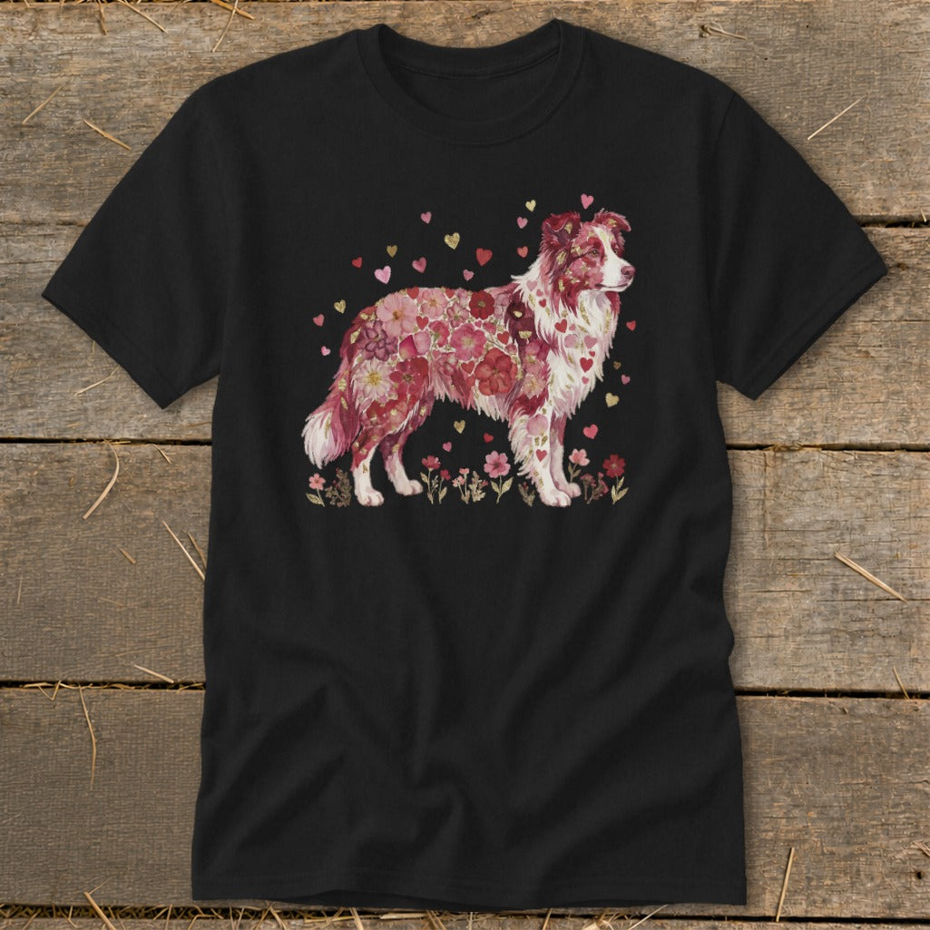 Black t-shirt with a watercolor-style dog composed of red and pink flowers and hearts.