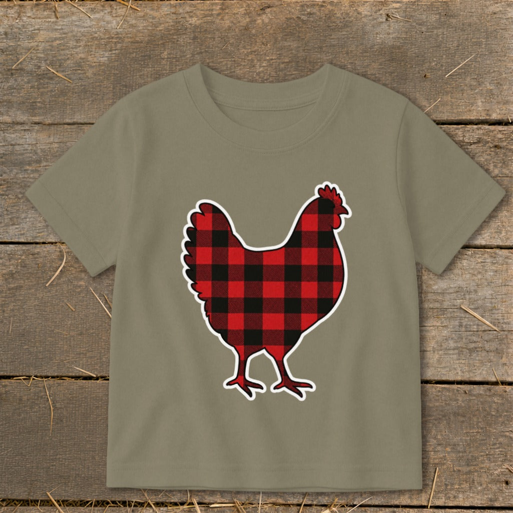 Olive green t-shirt with a red and black buffalo plaid chicken graphic.