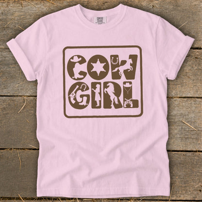 Pink t-shirt with brown "COW GIRL" text and western-themed icons.