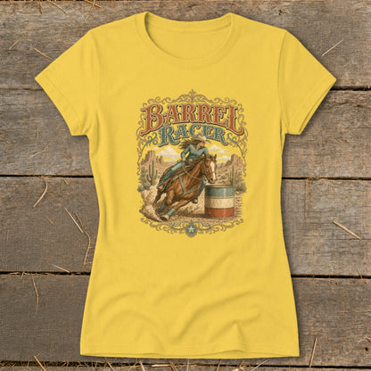 Yellow t-shirt with Barrel Racer graphic of a woman on a horse by a barrel.