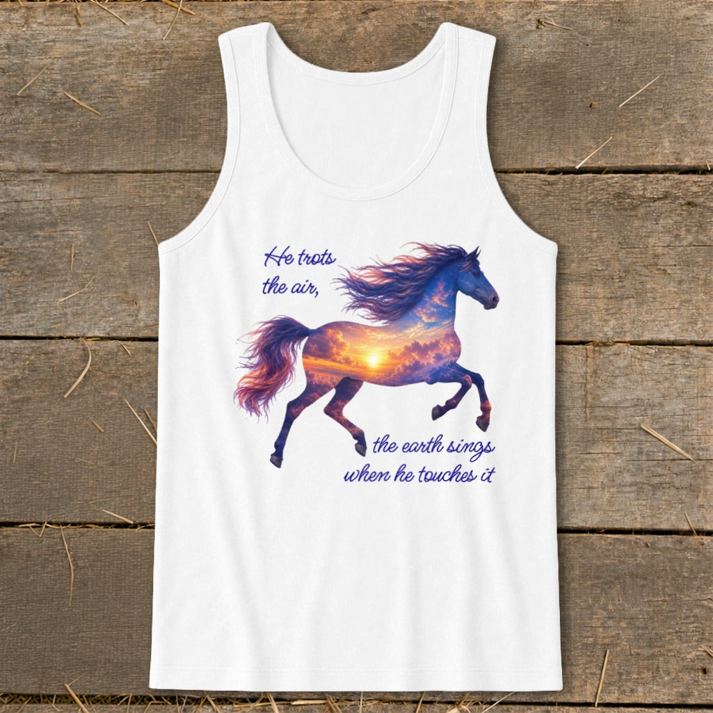 A white tank top with a graphic of a running horse filled with a sunset sky and quote text.