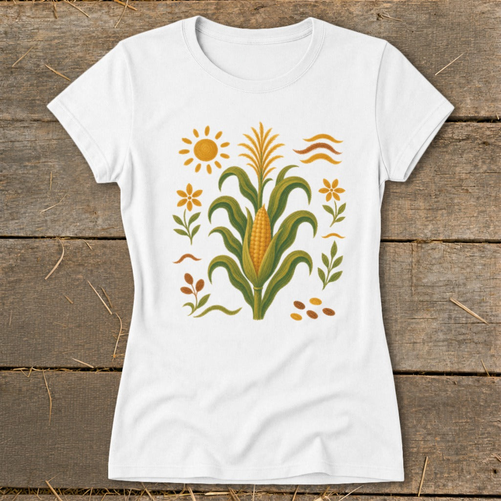 White t-shirt with a central corn stalk design featuring a sun and flowers.