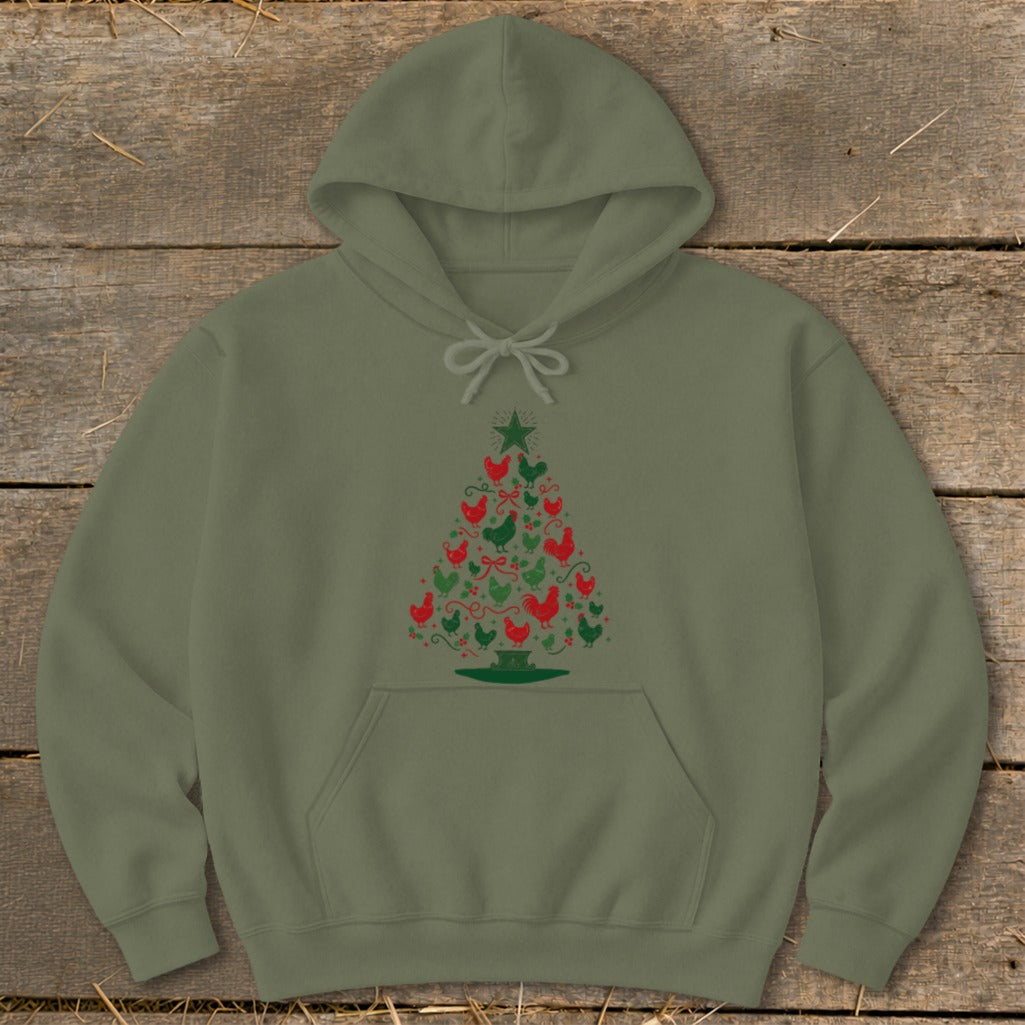Olive green hoodie with a Christmas tree design made of red and green chickens.