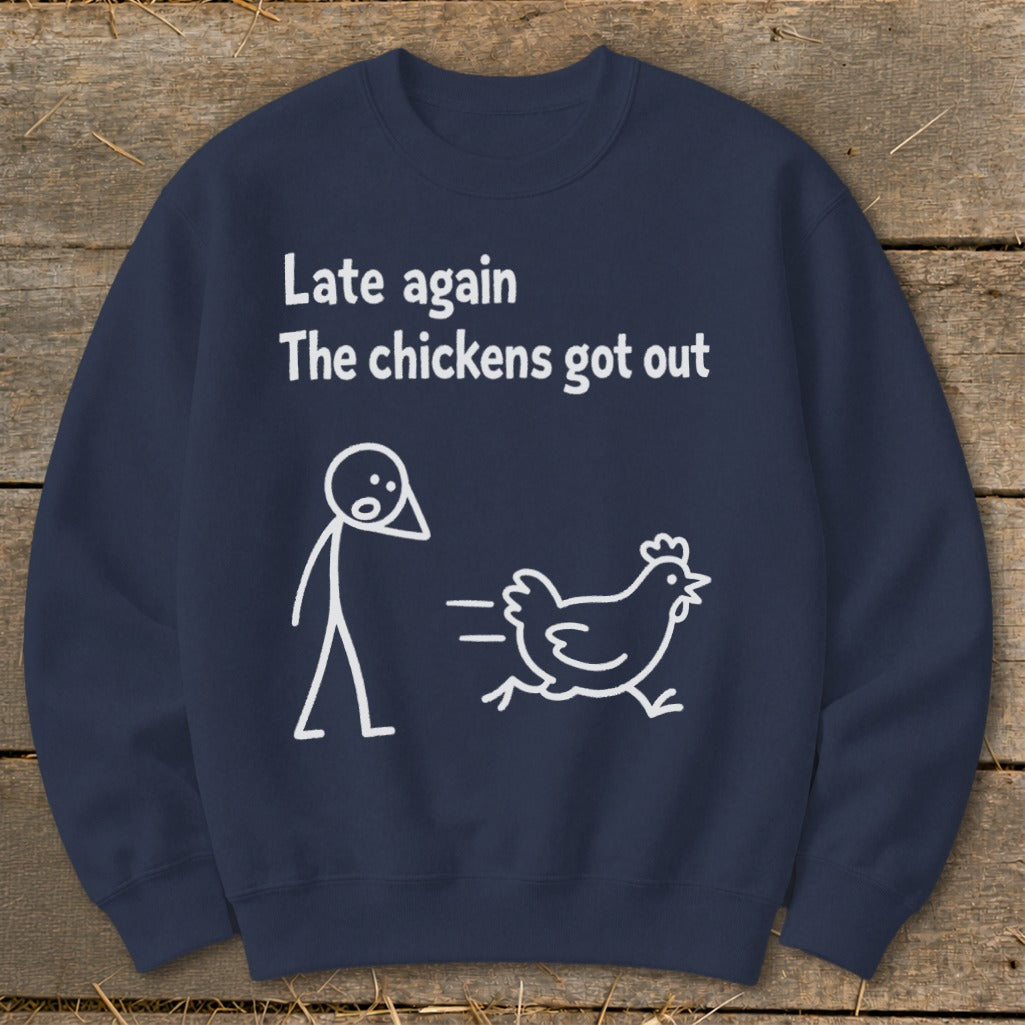 Navy sweatshirt with white text and stick figure illustration of a chicken escaping.