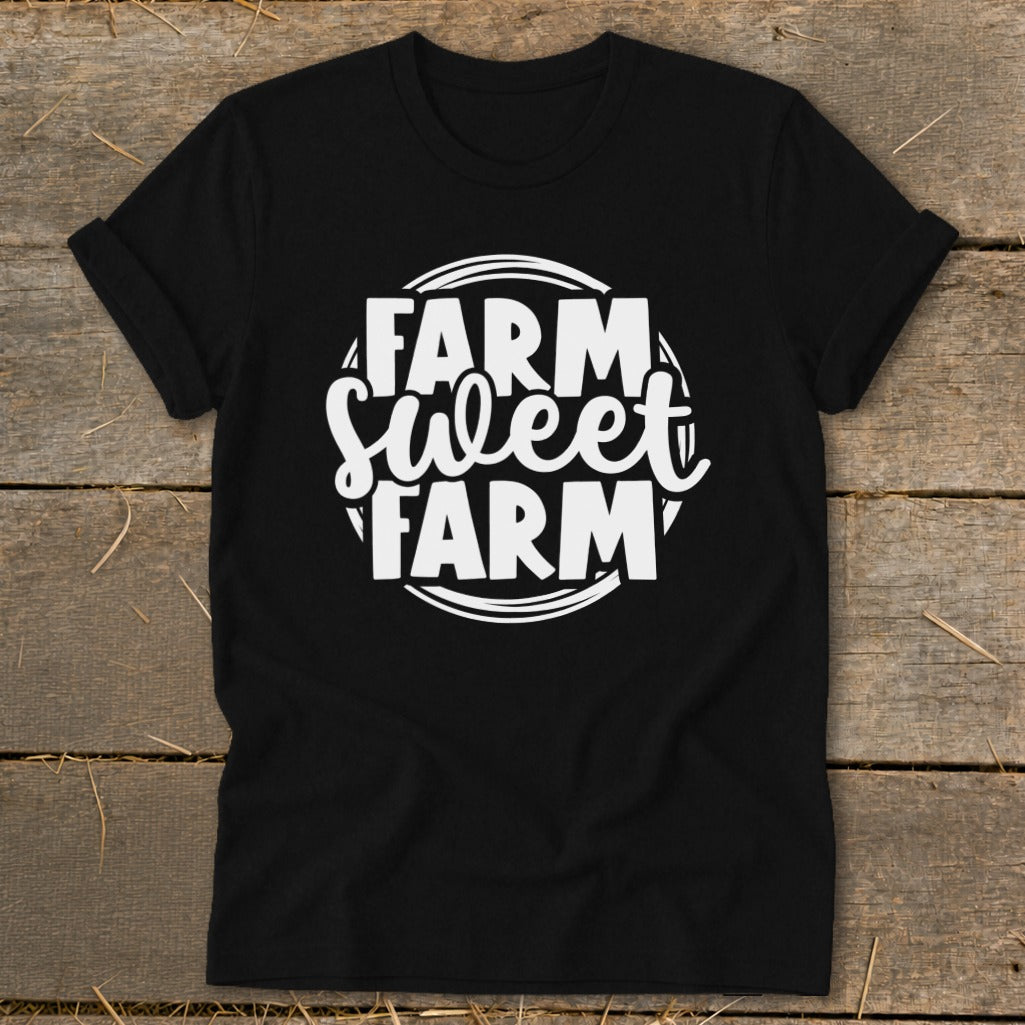 Black t-shirt with white text reading "FARM Sweet FARM" within a circular design.