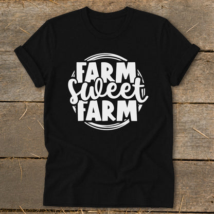 Black t-shirt with white text reading "FARM Sweet FARM" within a circular design.