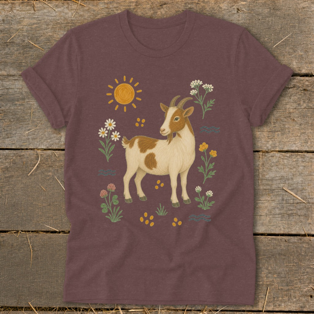 Brown and white goat illustration with sun, flowers, and waves on a maroon shirt.