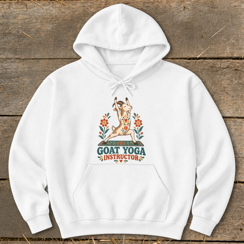 White hoodie with a goat in a yoga pose and text "GOAT YOGA INSTRUCTOR".