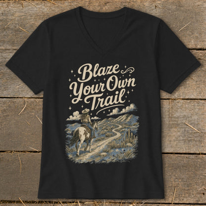 Black t-shirt with "Blaze Your Own Trail" text and a woman on horseback.
