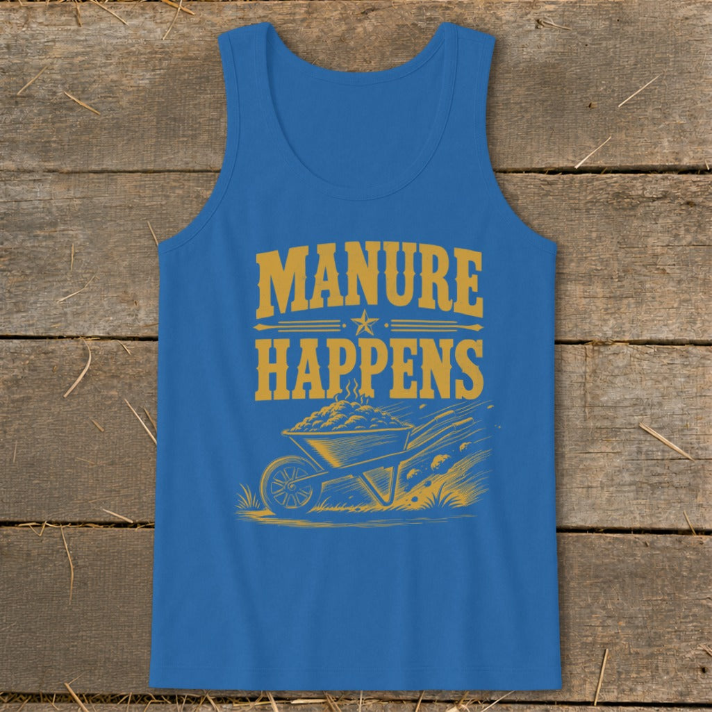 Blue tank top with "MANURE HAPPENS" text and wheelbarrow graphic.