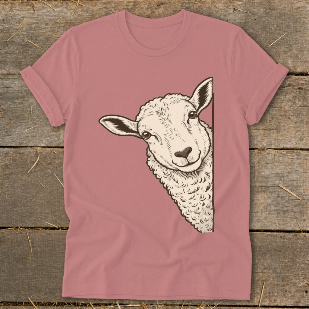 T-shirt with a drawing of a sheep peeking around a corner.