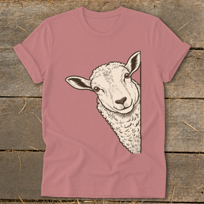 T-shirt with a drawing of a sheep peeking around a corner.