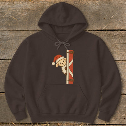 Dark brown hoodie with a cute sheep wearing a Santa hat peeking from behind a barn door graphic.