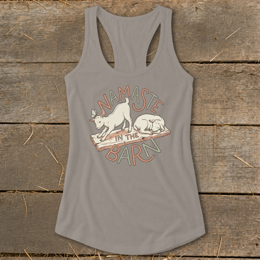 Tank top with goats on a plank, "Namaste In The Barn" text.