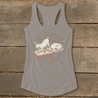 Tank top with goats on a plank, "Namaste In The Barn" text.