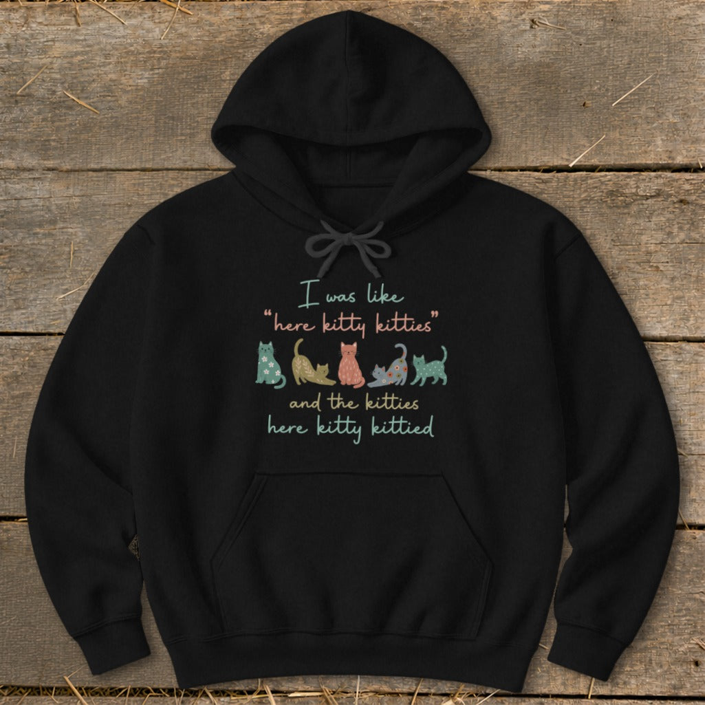 Black hoodie with text "I was like 'here kitty kitties' and the kitties here kitty kittied" and cartoon cats.