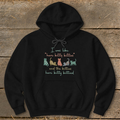 Black hoodie with text "I was like 'here kitty kitties' and the kitties here kitty kittied" and cartoon cats.